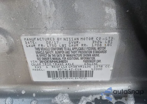 2017 Nissan Versa 1.6 S+ z USA, uszkodzony, nr VIN 3N1CN7AP4HL849231